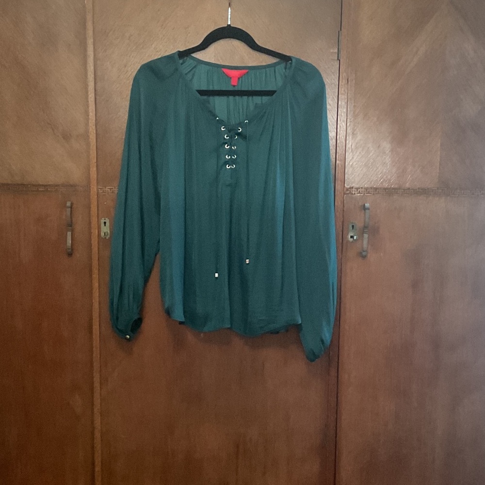Jennifer Lopez Emerald Green Lace-Up Long Sleeve Blouse